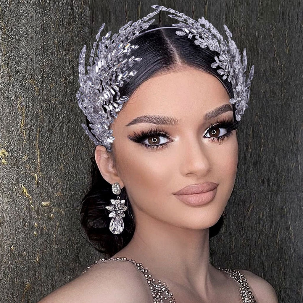 Elegant Leaf Effect Crystal Embellished Bridal Headband - Silver - Image 2