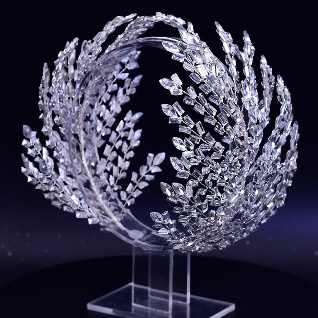 Elegant Leaf Effect Crystal Embellished Bridal Headband - Silver - Image 3