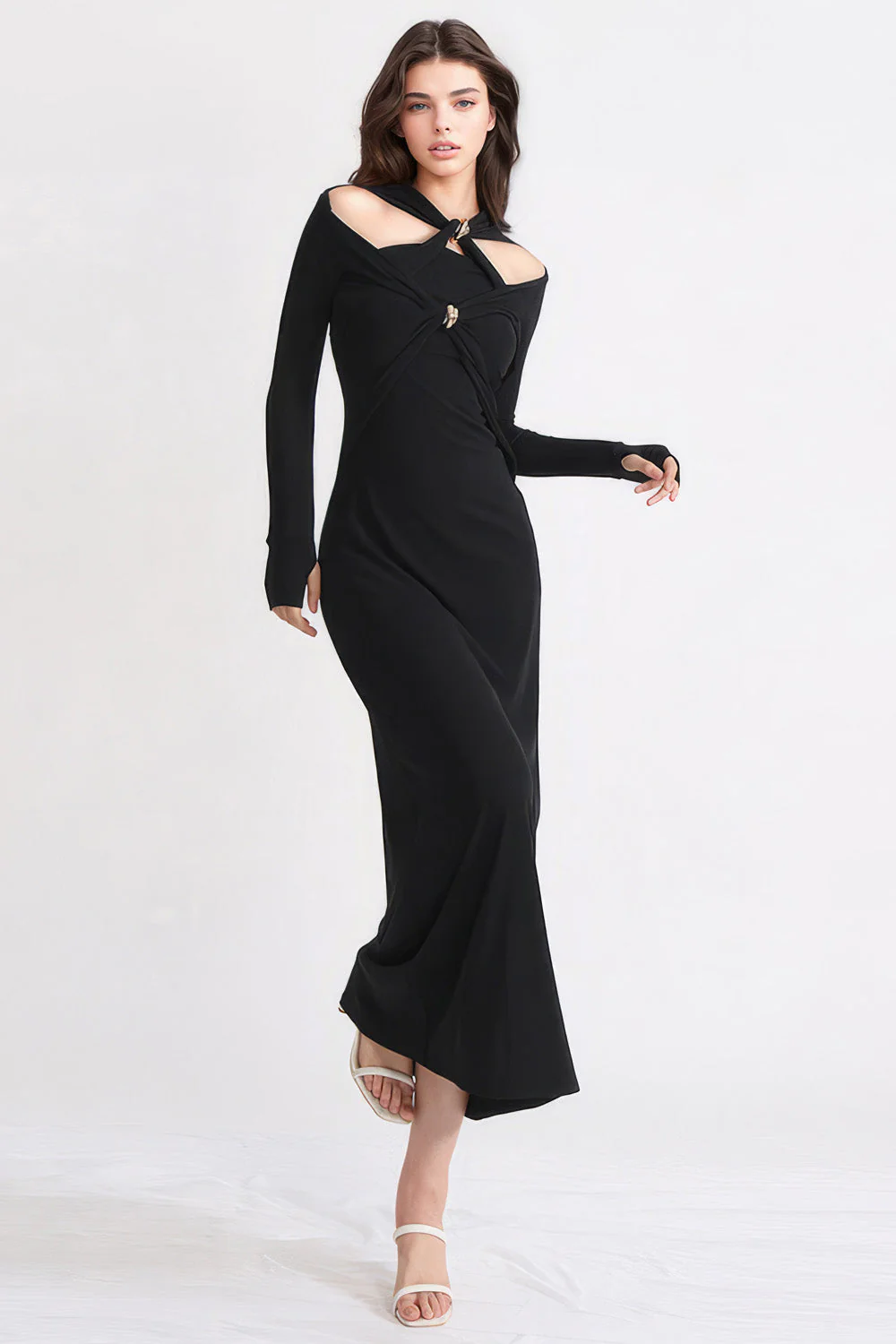 Elegant Maxi Dress with Long Sleeves - Black - Image 2