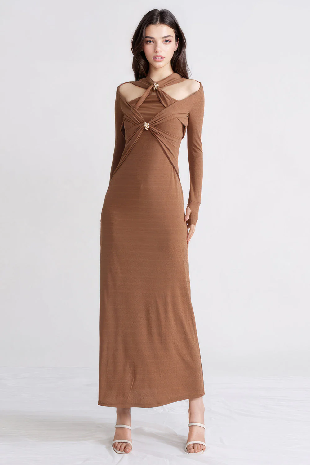 Elegant Maxi Dress with Long Sleeves - Brown - Image 2