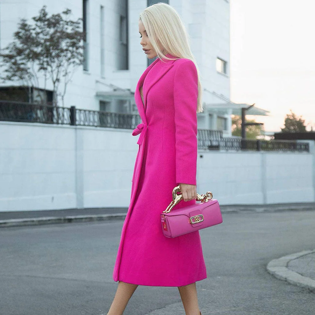 Elegant Notched Lapel Bow Waist Padded Long Sleeve Wool Blend Wrap Coat - Image 2