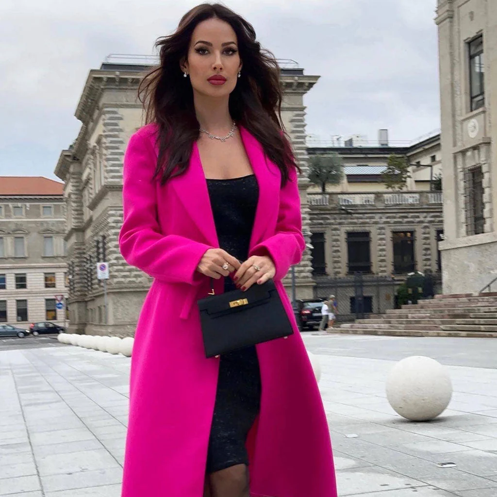 Elegant Notched Lapel Bow Waist Padded Long Sleeve Wool Blend Wrap Coat - Image 6