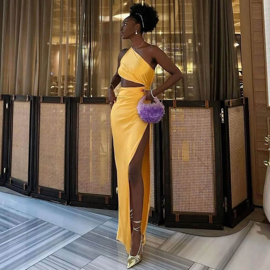 Elegant One Shoulder CutOut Split Thigh Ruched Satin Maxi Evening Dress - Image 3