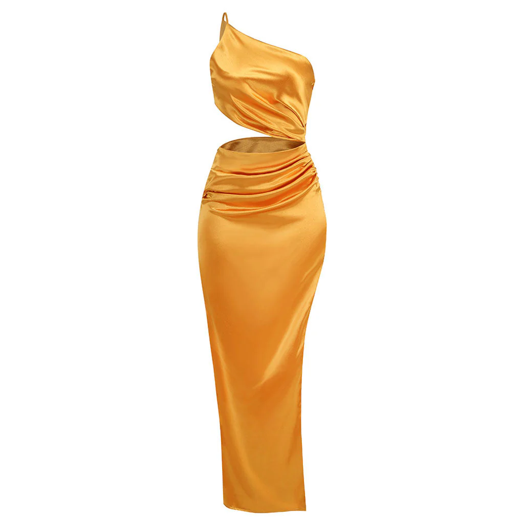 Elegant One Shoulder CutOut Split Thigh Ruched Satin Maxi Evening Dress - Image 5