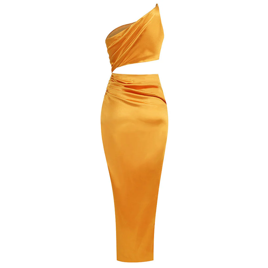 Elegant One Shoulder CutOut Split Thigh Ruched Satin Maxi Evening Dress - Image 6