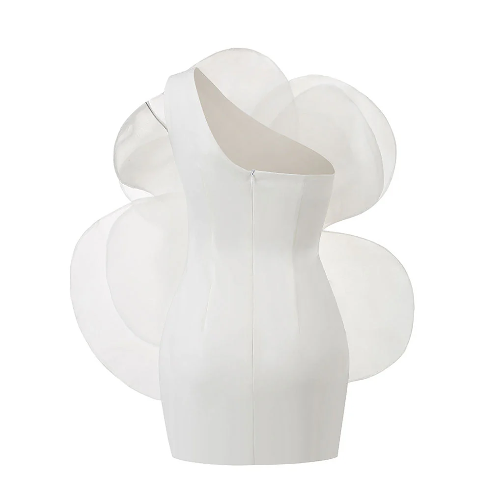 Elegant Oversized Rosette Embellished One Shoulder Crepe Bodycon Mini Party Dress - Image 3