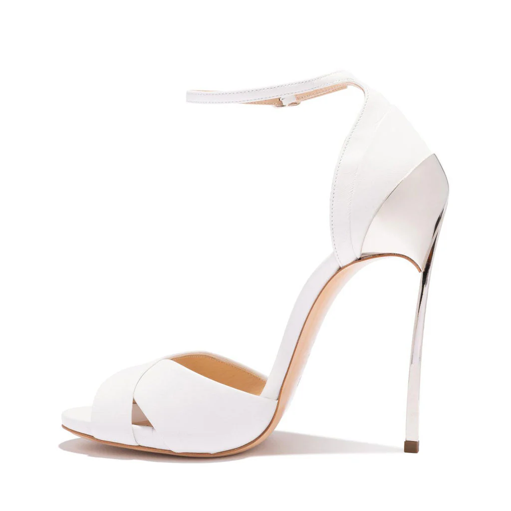 Elegant Patent Leather Round Toe Ankle Strap Stiletto Sandals - White - Image 2