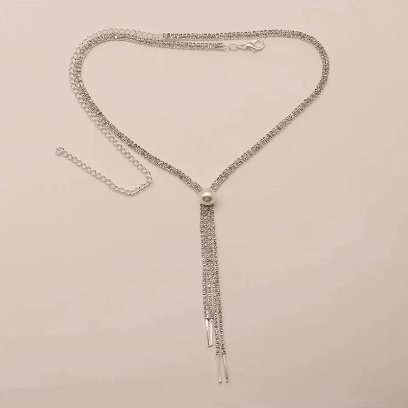 Elegant Pearl Detail Rhinestone Embellished Tassel Lariat NeckLace - Silver - Image 2