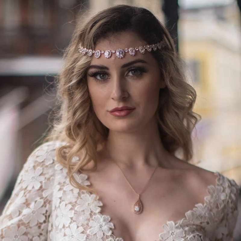 Elegant Plated Crystal Embellished Bridal Head Chain - Silver - Image 3