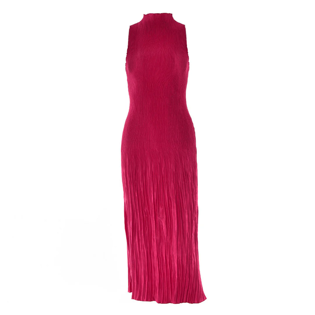 Elegant Pleated High Neck Sleeveless Party Midi Dress - Burgundy - Image 3