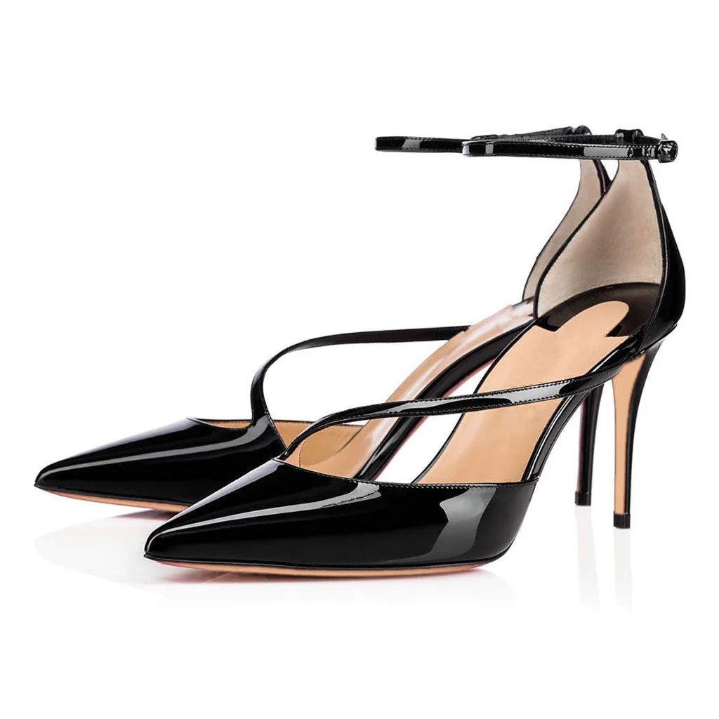 Elegant Pointed Toe Ankle Strap Patent Leather Stiletto Pumps - Black - Image 2