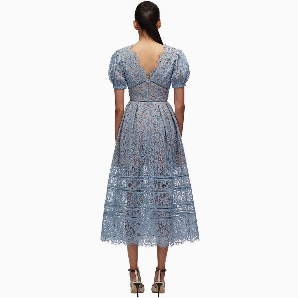 Elegant Puff Sleeve V Neck Embroidered Lace Midi Dress - Dusty Blue - Image 2