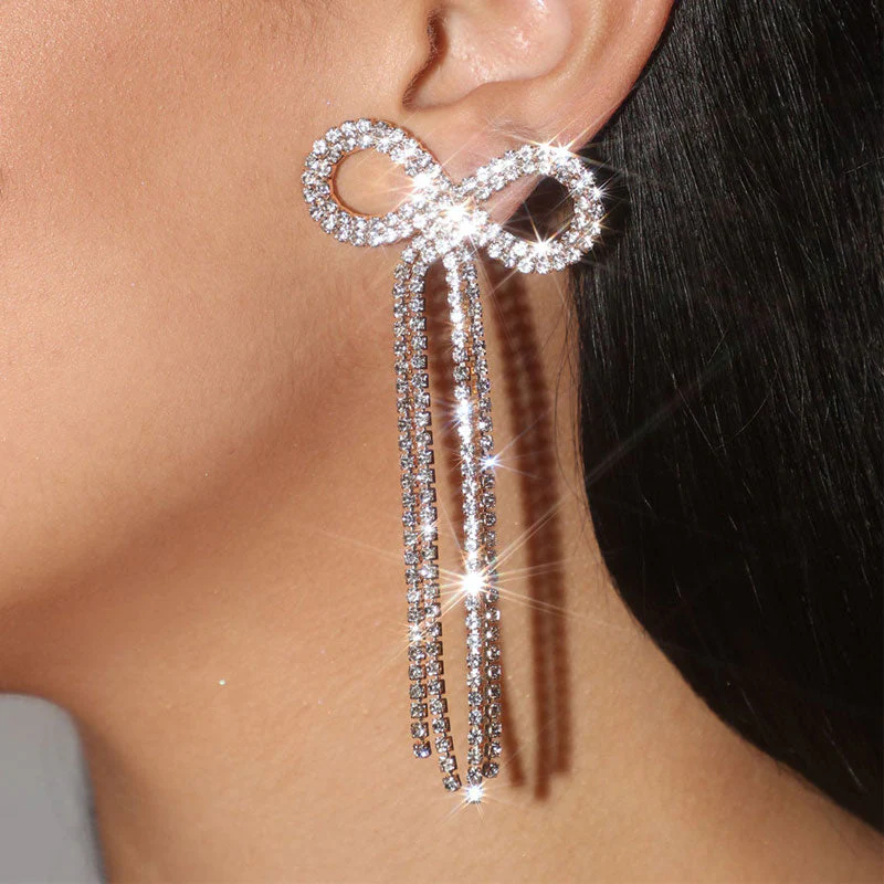 Elegant Rhinestone Embellished Bow Fringe Long Drop Earrings - Silver - Image 2