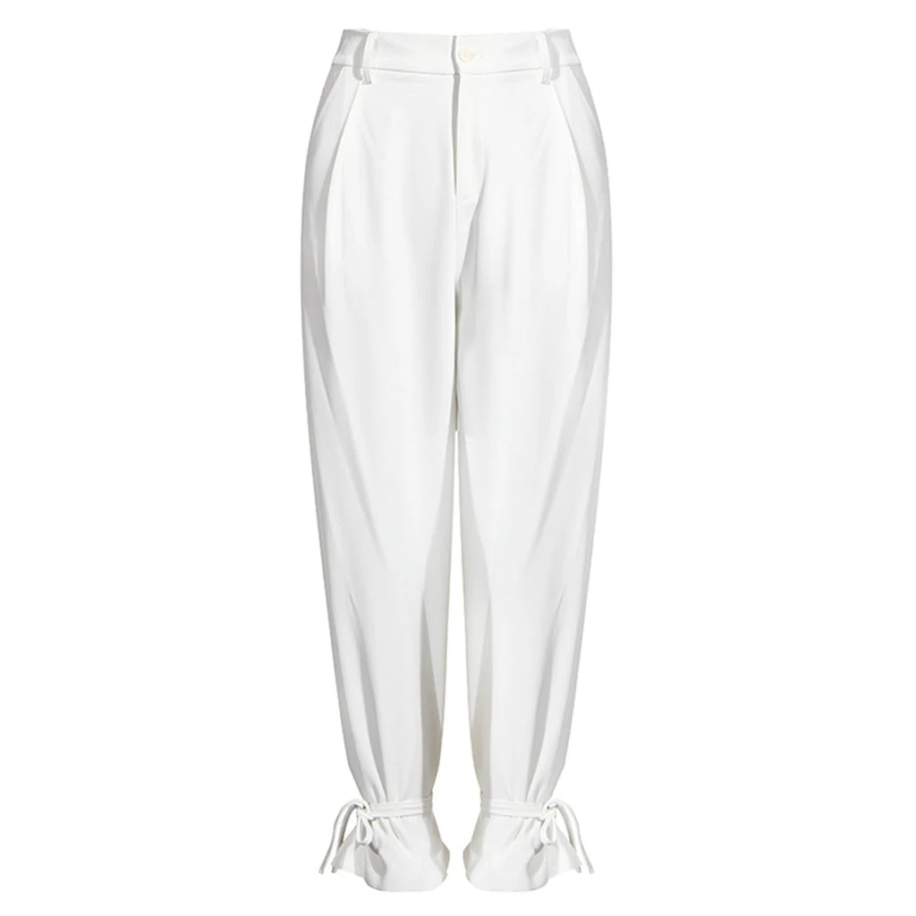 Elegant Solid Color Ankle Tie High Waist Wide Leg Pants - Image 2
