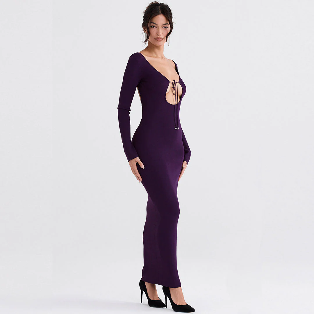 Elegant Solid Color Long Sleeve Backless Bodycon Maxi Dress - Purple - Image 2