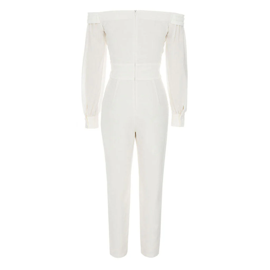 Elegant Solid Color Off The Shoulder Puff Sleeve Skinny Leg Jumpsuit - Image 2