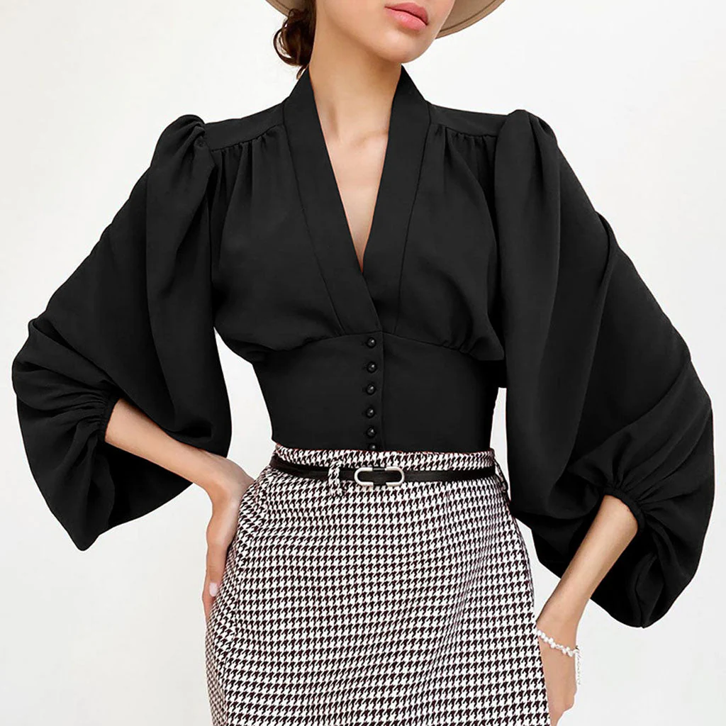 Elegant Solid Ruched Lantern Sleeve V Neck Button Up Cropped Chiffon Blouse - Image 3