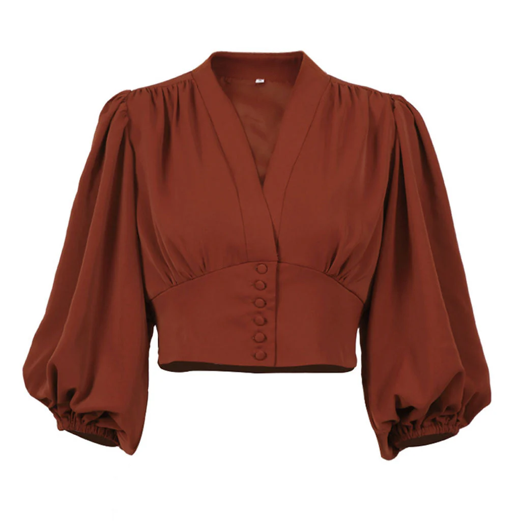 Elegant Solid Ruched Lantern Sleeve V Neck Button Up Cropped Chiffon Blouse - Image 5