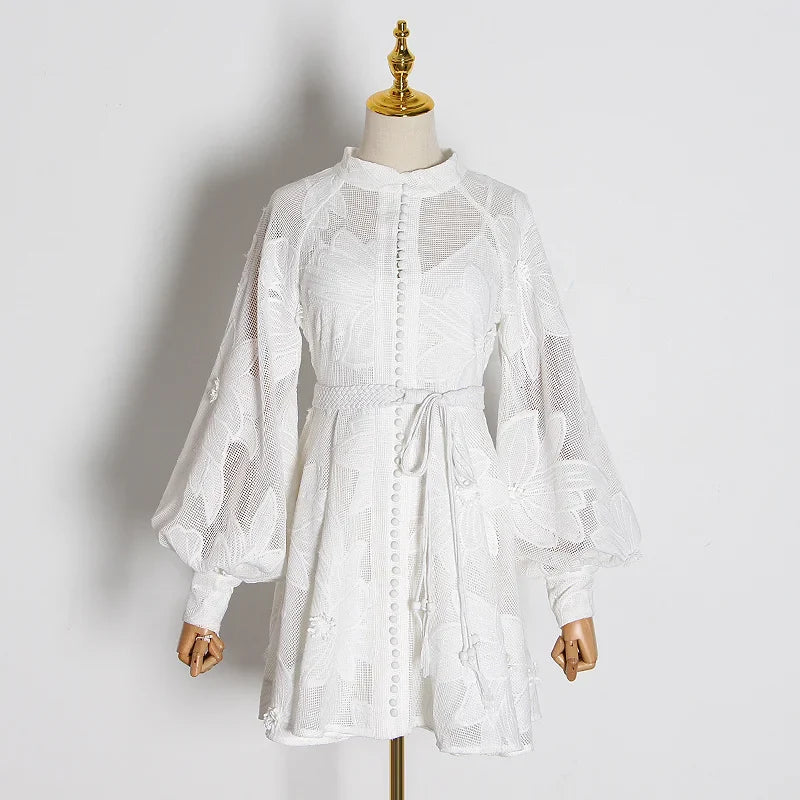 Long Sleeve PATCHWORK WHITE Dress - Image 2