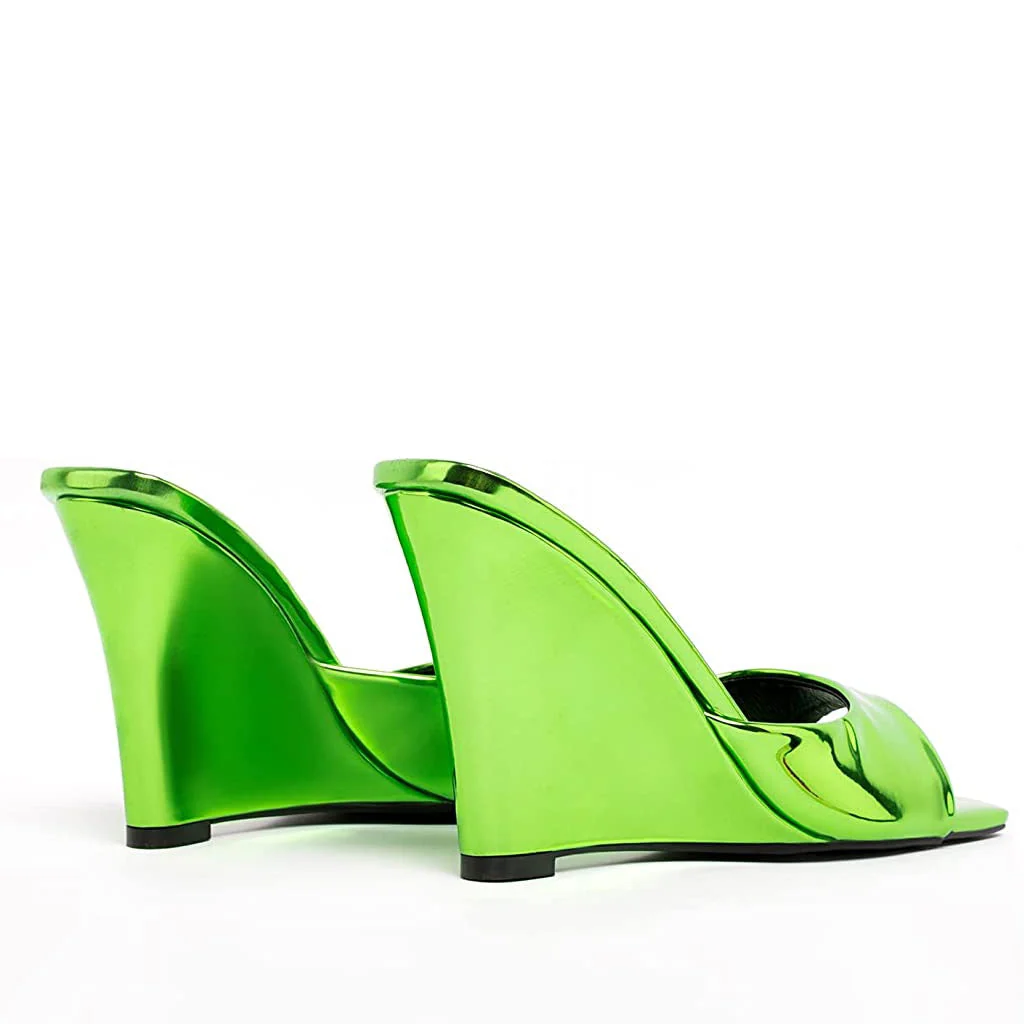 Elegant Square Toe Patent Leather Wedge Mules - Green - Image 3