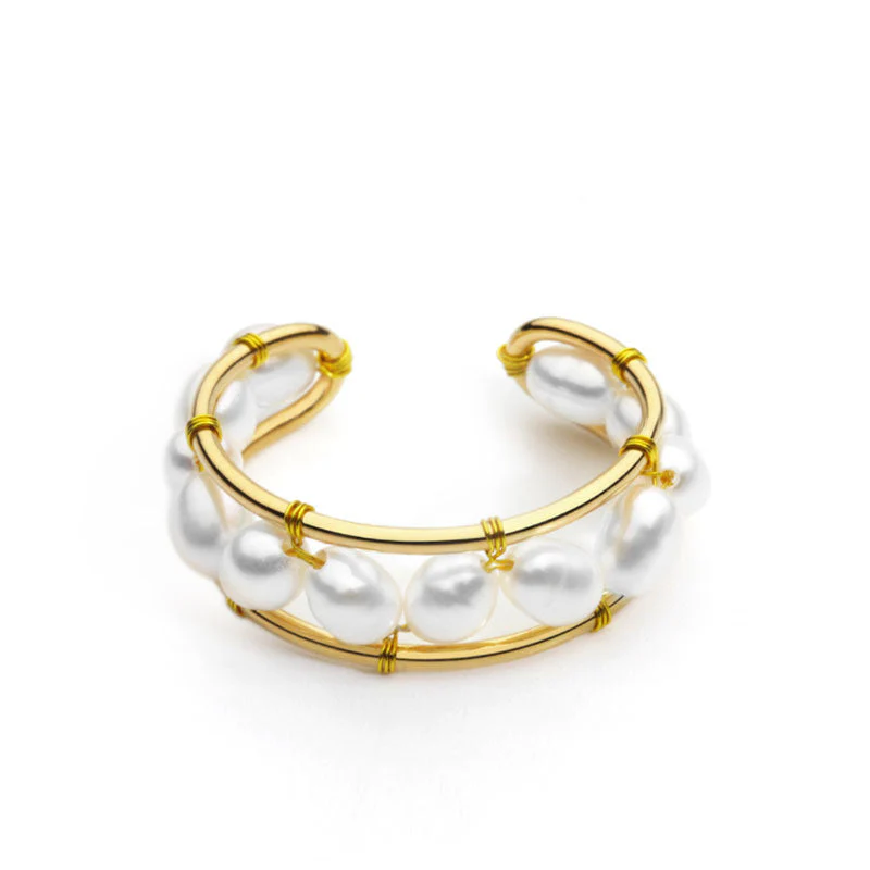 Elegant Style Perlized Bead Studded Plated Open Ring - Gold - Image 2