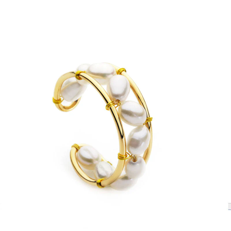 Elegant Style Perlized Bead Studded Plated Open Ring - Gold - Image 3