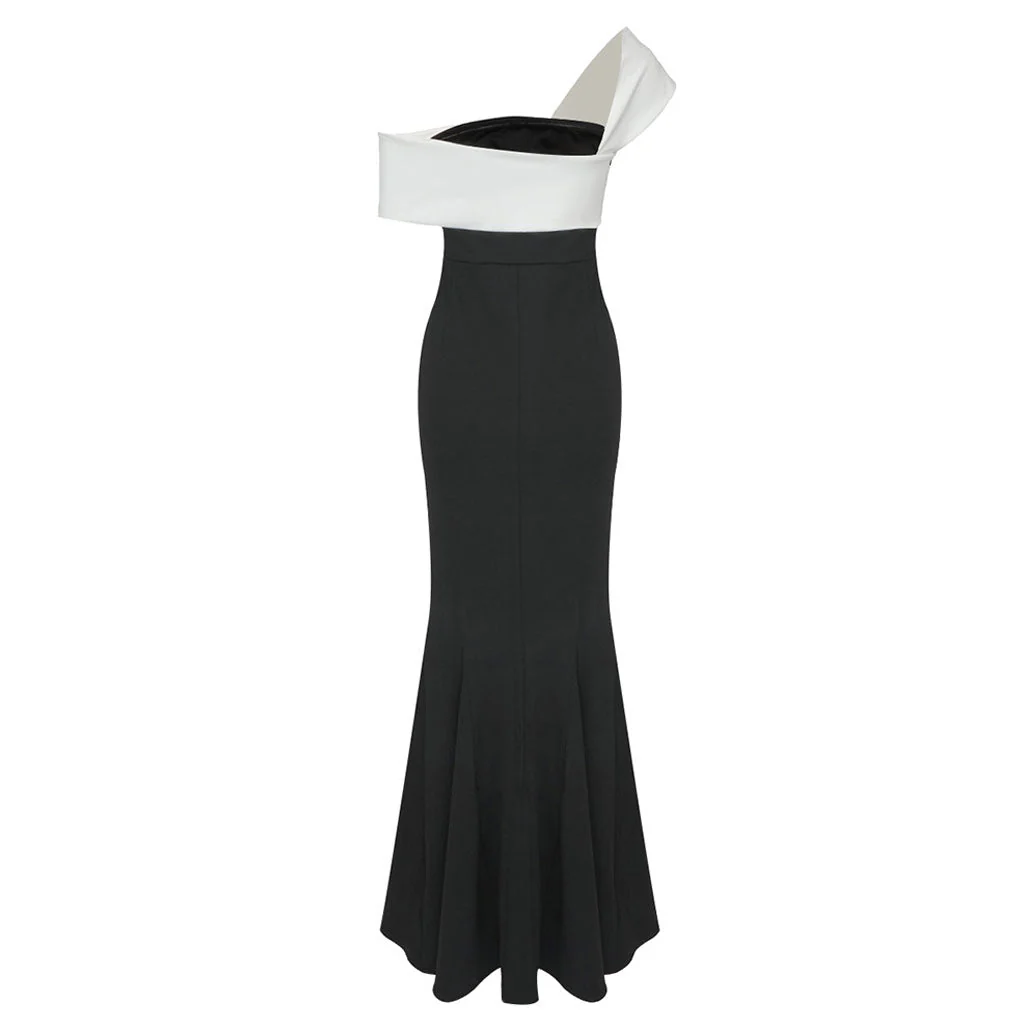 Elegant Style White and Black Twist One Shoulder Jersey Fishtail Maxi Dress - Image 5