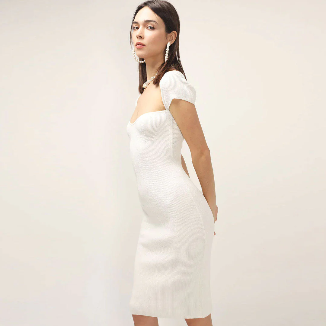 Elegant Sweetheart Neck Cap Sleeve Ribbed Knit Bodycon Midi Dress - White - Image 2