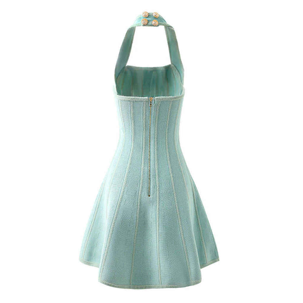 Elegant Tonal Striped Halter Neck Sleeveless Fit and Flare Mini Sweater Dress - Image 2