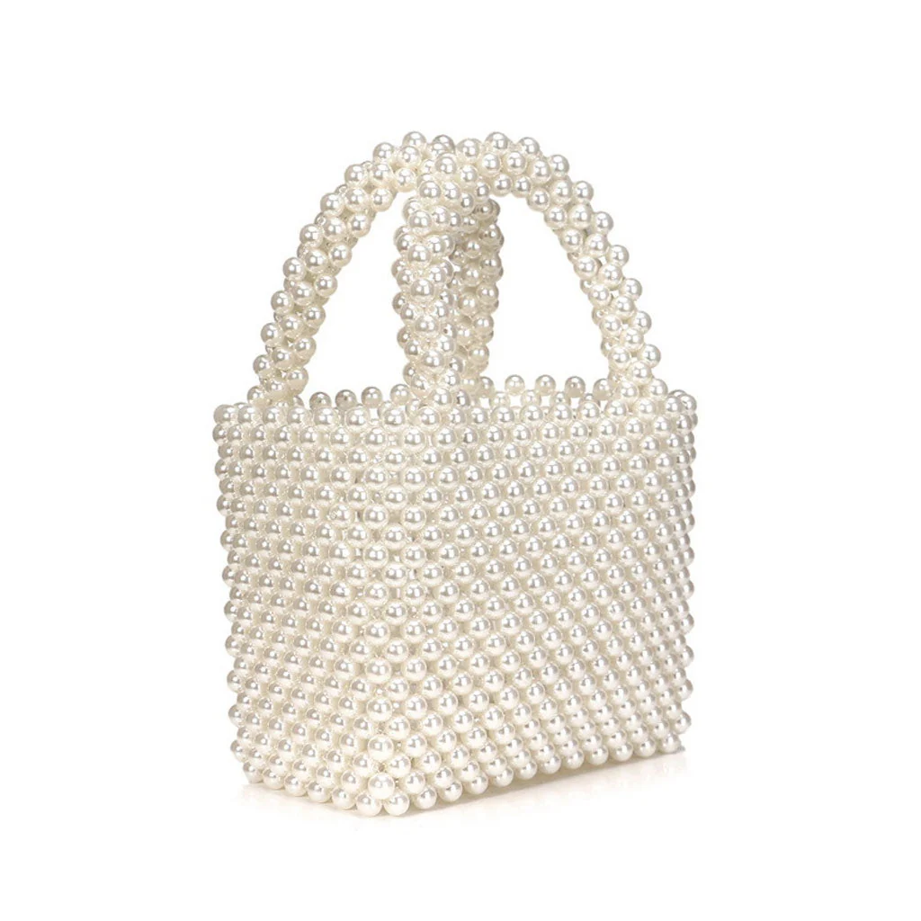 Elegant Top Handle Hand-Woven Pearlized Beaded Clutch Bag - White - Image 2