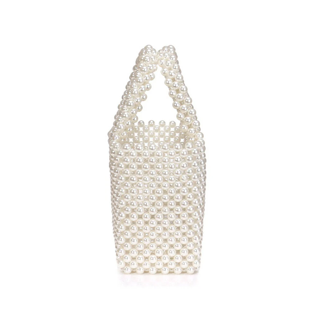 Elegant Top Handle Hand-Woven Pearlized Beaded Clutch Bag - White - Image 3