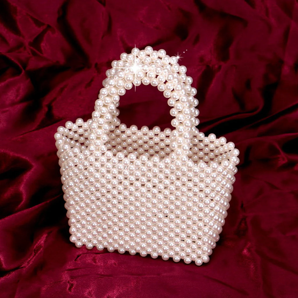 Elegant Top Handle Hand-Woven Pearlized Beaded Clutch Bag - White - Image 5