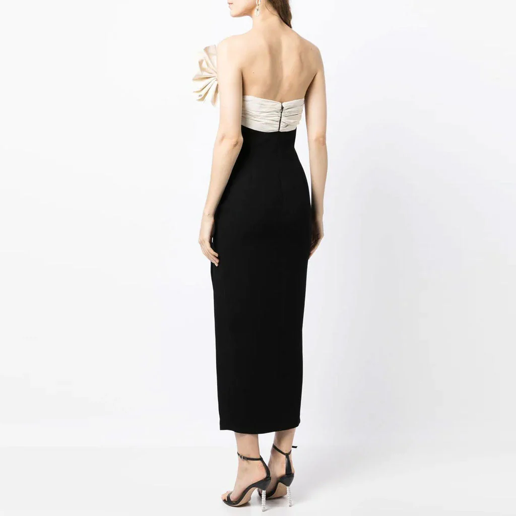 Elegant Two Tone Ruffled Fan Applique Strapless Bandage Maxi Evening Dress - Image 2