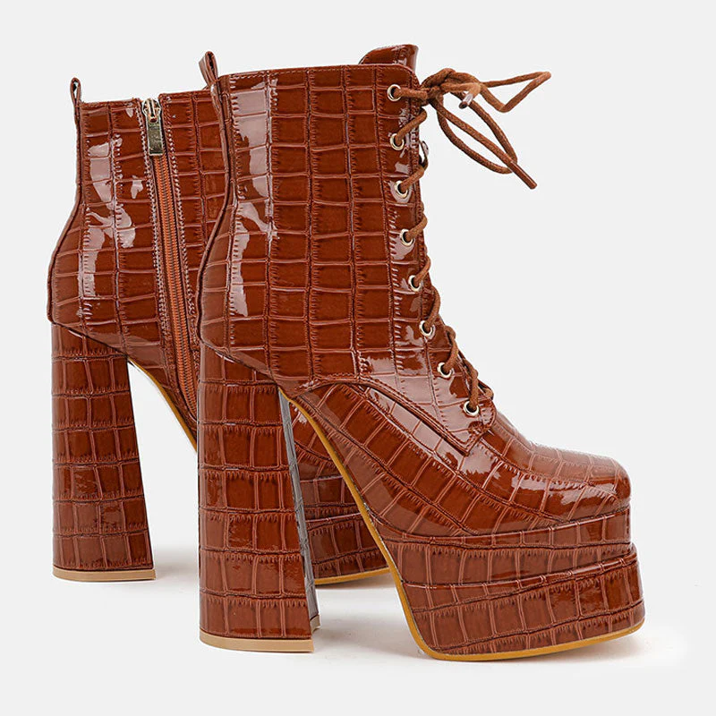 Embossed Croco Trim Lace Up Chunky Platform Ankle Boots - Brown - Image 2
