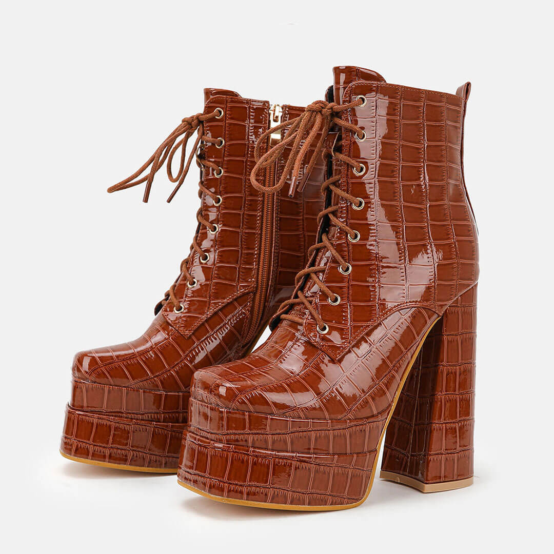 Embossed Croco Trim Lace Up Chunky Platform Ankle Boots - Brown - Image 3