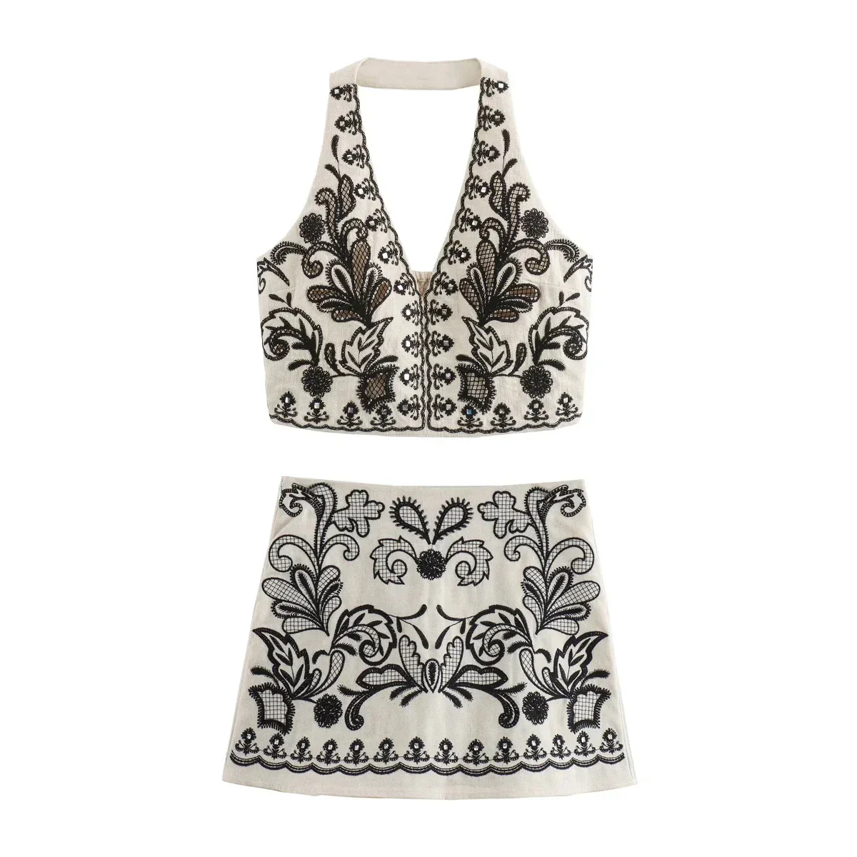 WHITE  EMBROIDERED Mini Skirt and HALTER CROP TOP 2 PEACE SET - Image 8