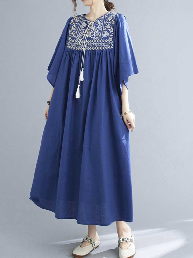 Embroidered Polyester Round-Neck A-Line Dress - Image 11