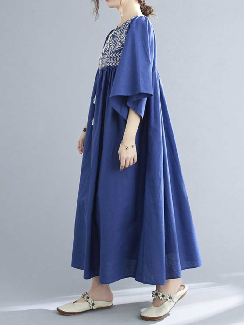 Embroidered Polyester Round-Neck A-Line Dress - Image 14