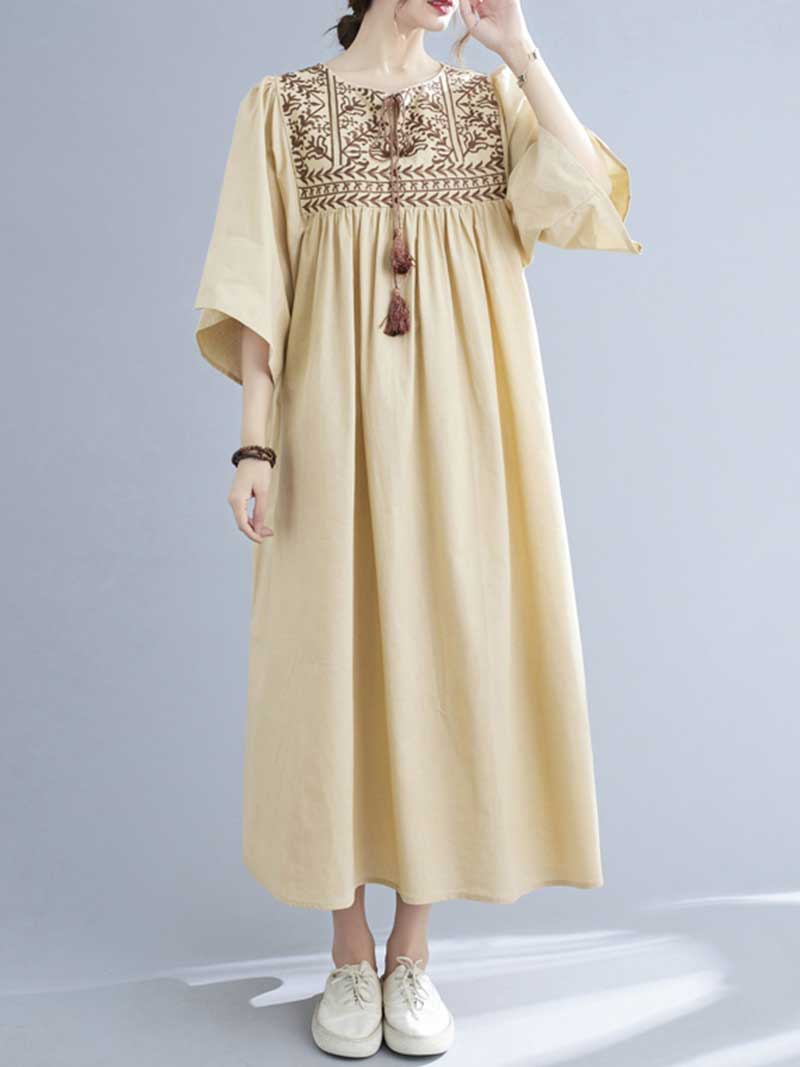 Embroidered Polyester Round-Neck A-Line Dress - Image 2