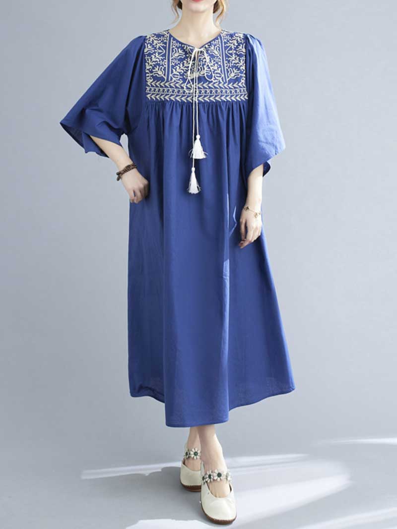 Embroidered Polyester Round-Neck A-Line Dress - Image 3