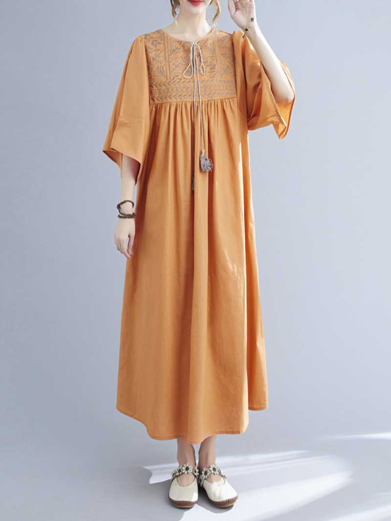 Embroidered Polyester Round-Neck A-Line Dress - Image 4