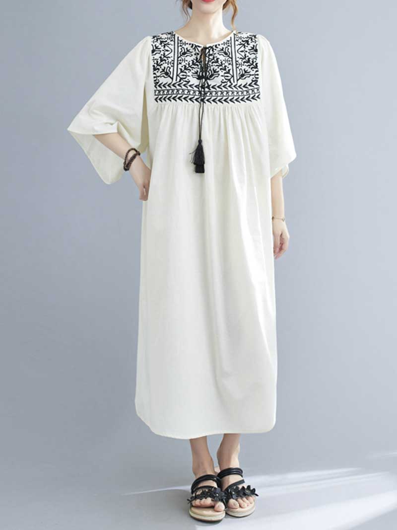 Embroidered Polyester Round-Neck A-Line Dress - Image 5