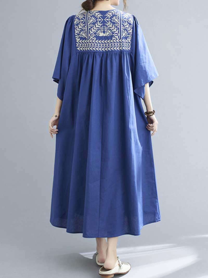 Embroidered Polyester Round-Neck A-Line Dress - Image 7