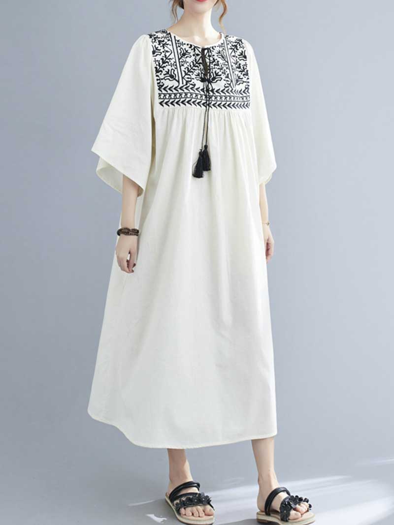 Embroidered Polyester Round-Neck A-Line Dress - Image 9
