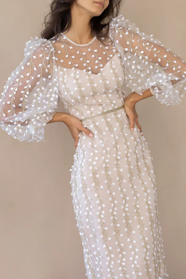 Embroidered Sheer Fitted Dress - Image 3