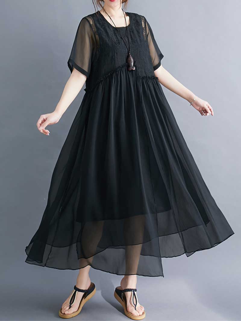 Embroidered Silk Round-Neck A-Line Dress - Image 11
