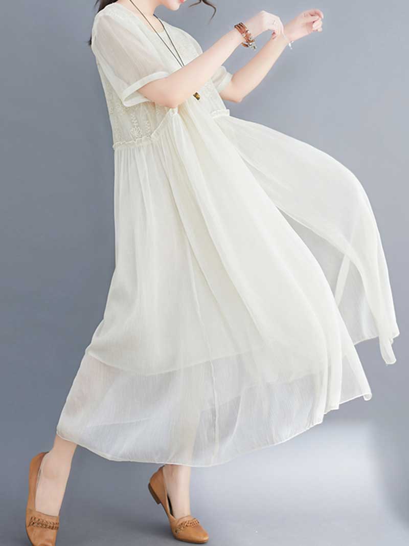 Embroidered Silk Round-Neck A-Line Dress - Image 12