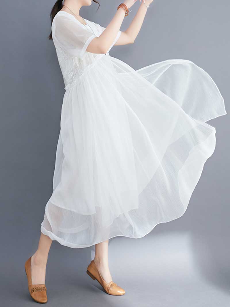 Embroidered Silk Round-Neck A-Line Dress - Image 13