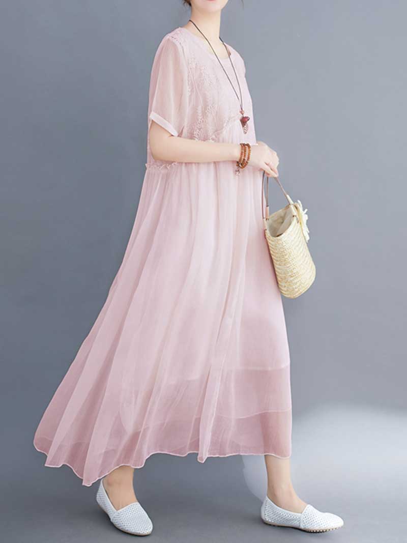 Embroidered Silk Round-Neck A-Line Dress - Image 14