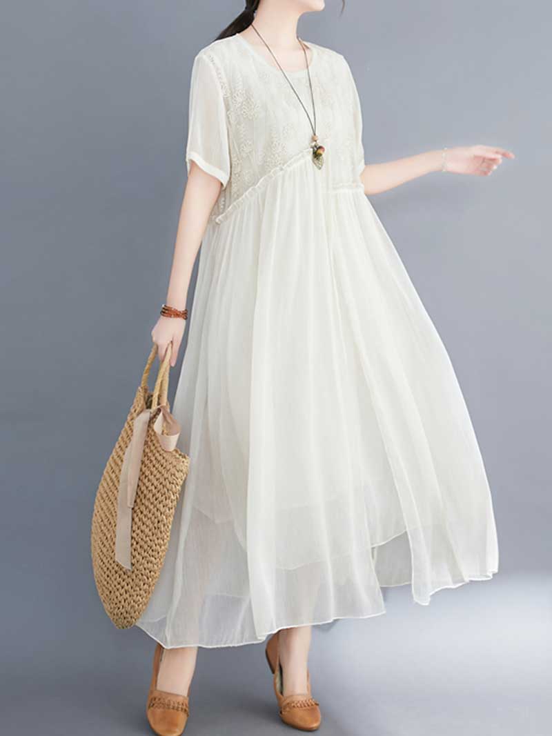 Embroidered Silk Round-Neck A-Line Dress - Image 15